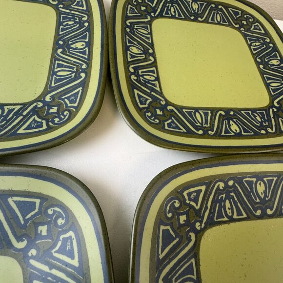 Brookpark Vintage Melamine Melmac Green 8" Square Tribal Lunch Plate Set Of 4 - Picture 2 of 8
